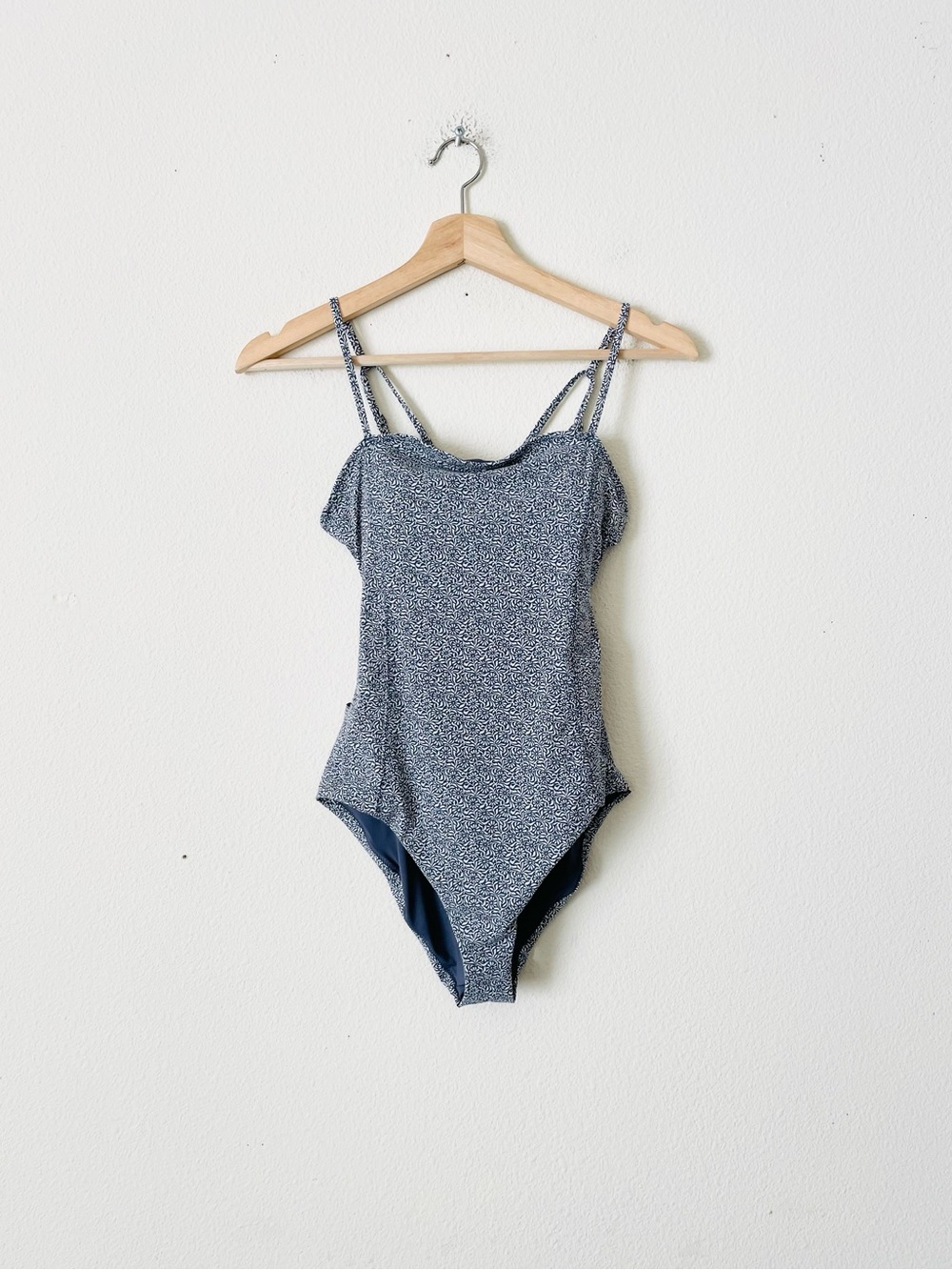 Vuori XS Dune steel blue and white cutout back one piece swimsuit